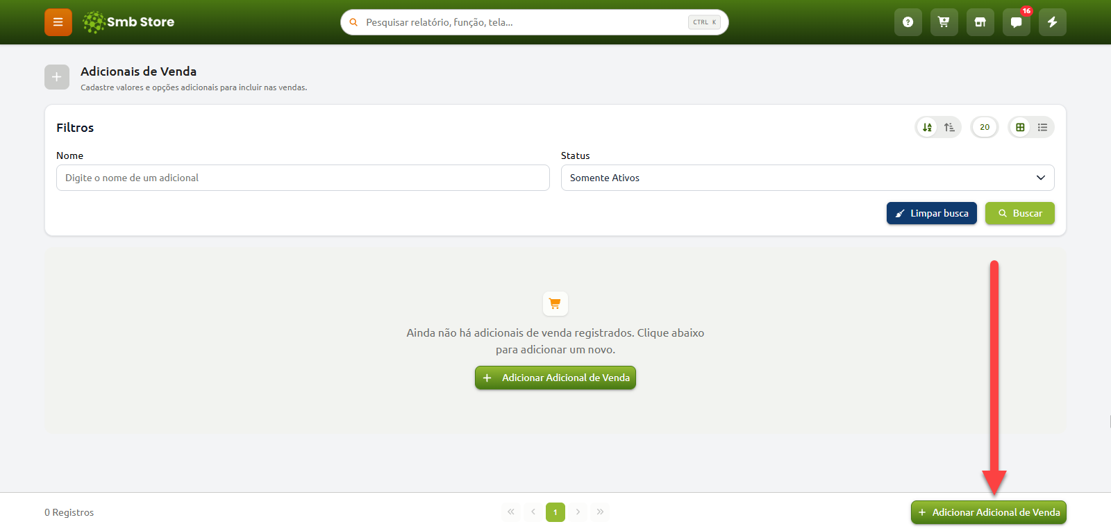 Tela de Adicionais de Venda no sistema Smb Store sem registros cadastrados, com filtros de busca por nome e status, e uma seta vermelha apontando para o botão de adicionar novo adicional de venda no canto inferior direito.