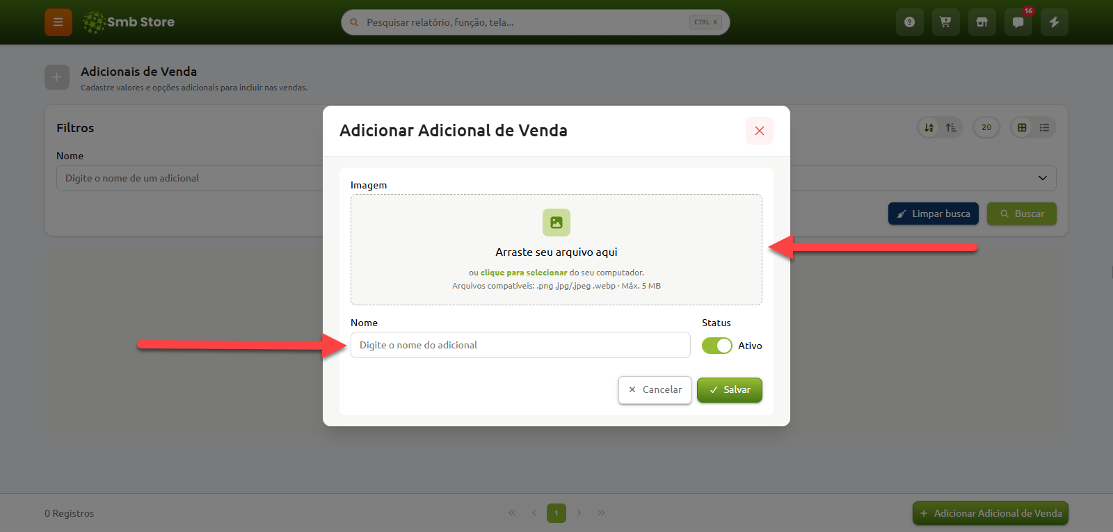 Janela para adicionar adicional de venda no Smb Store, com opções para envio de imagem, inserção do nome do adicional e definição do status ativo.