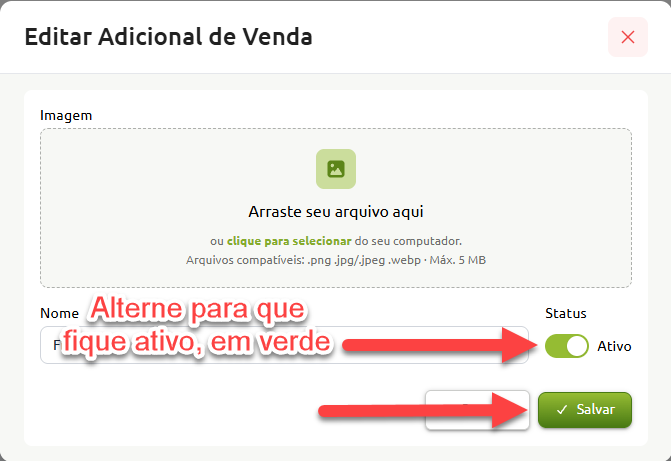 Janela de edição de adicional de venda com campos para envio de imagem, nome do item, chave de status marcada como ativa e botão de salvar.