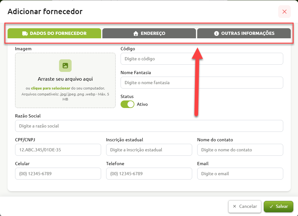 Janela de cadastro de fornecedor com destaque nas abas de navegação: Dados do Fornecedor, Endereço e Outras Informações.