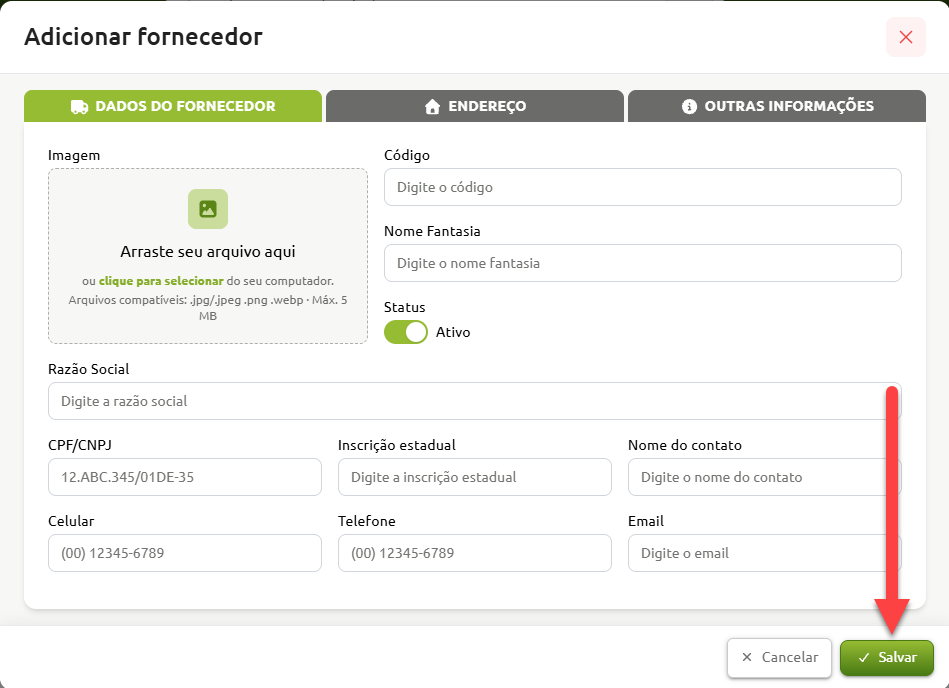 Formulário de cadastro "Adicionar fornecedor", na aba "Dados do Fornecedor", com campos para imagem, código, nome fantasia, status, razão social, CPF/CNPJ, inscrição estadual, contato, telefones e e-mail, destacando o botão "Salvar" no canto inferior direito.