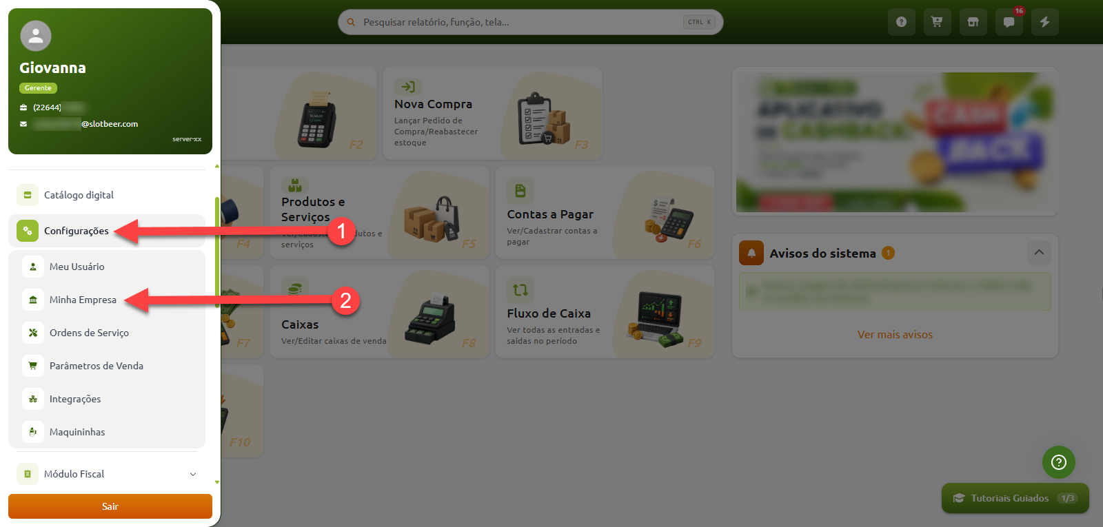 Menu lateral do sistema indicando o caminho de navegação a partir da opção 'Configurações' até 'Minha Empresa'.