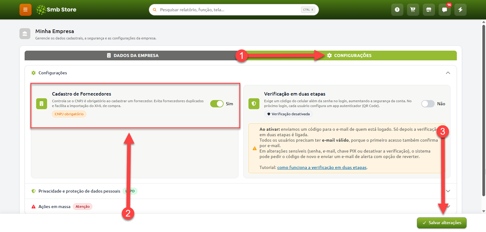 Tela de configurações da empresa no Smb Store, indicando o passo a passo para acessar a aba Configurações, ativar a obrigatoriedade de CNPJ no Cadastro de Fornecedores e clicar no botão Salvar alterações.