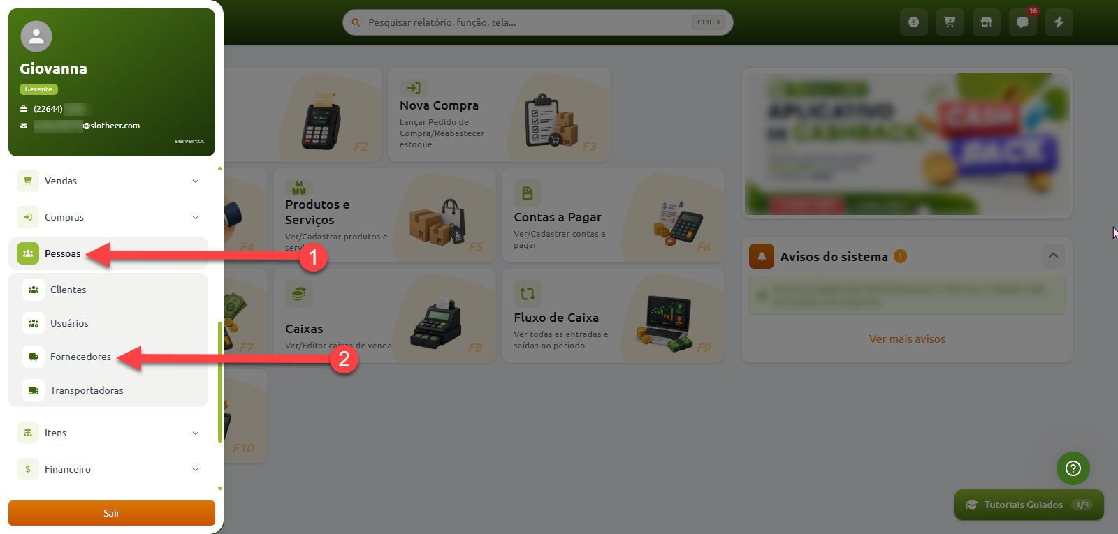 Menu lateral do sistema destacando o acesso à opção "Pessoas" como primeiro passo e a seleção de "Fornecedores" como segundo passo.