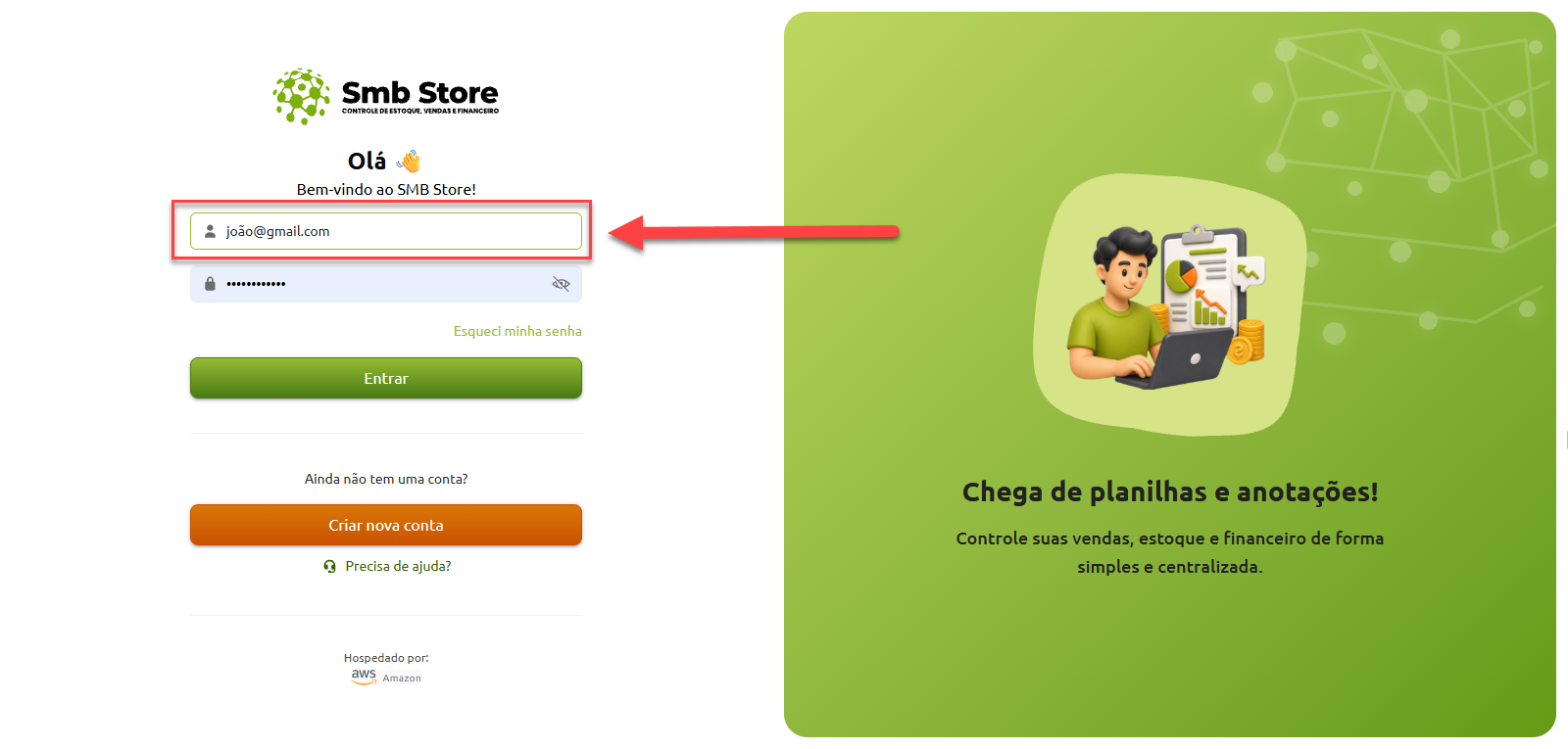 Tela de login do sistema SMB Store com destaque no campo de preenchimento do e-mail do usuário.