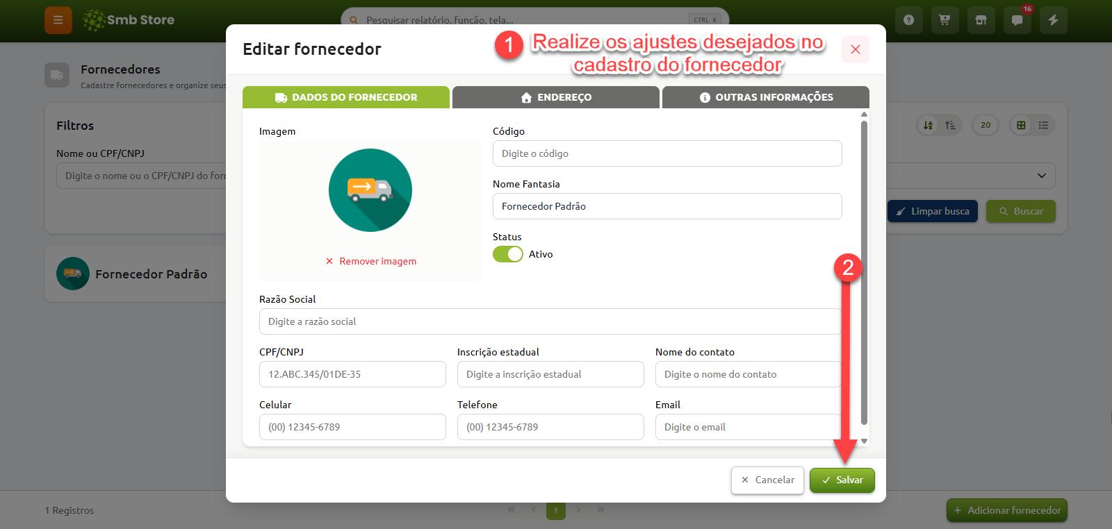 Janela de edição de fornecedor com campos para alteração de dados cadastrais, endereço e contato, destacando a realização dos ajustes necessários e o botão Salvar para confirmar as alterações.