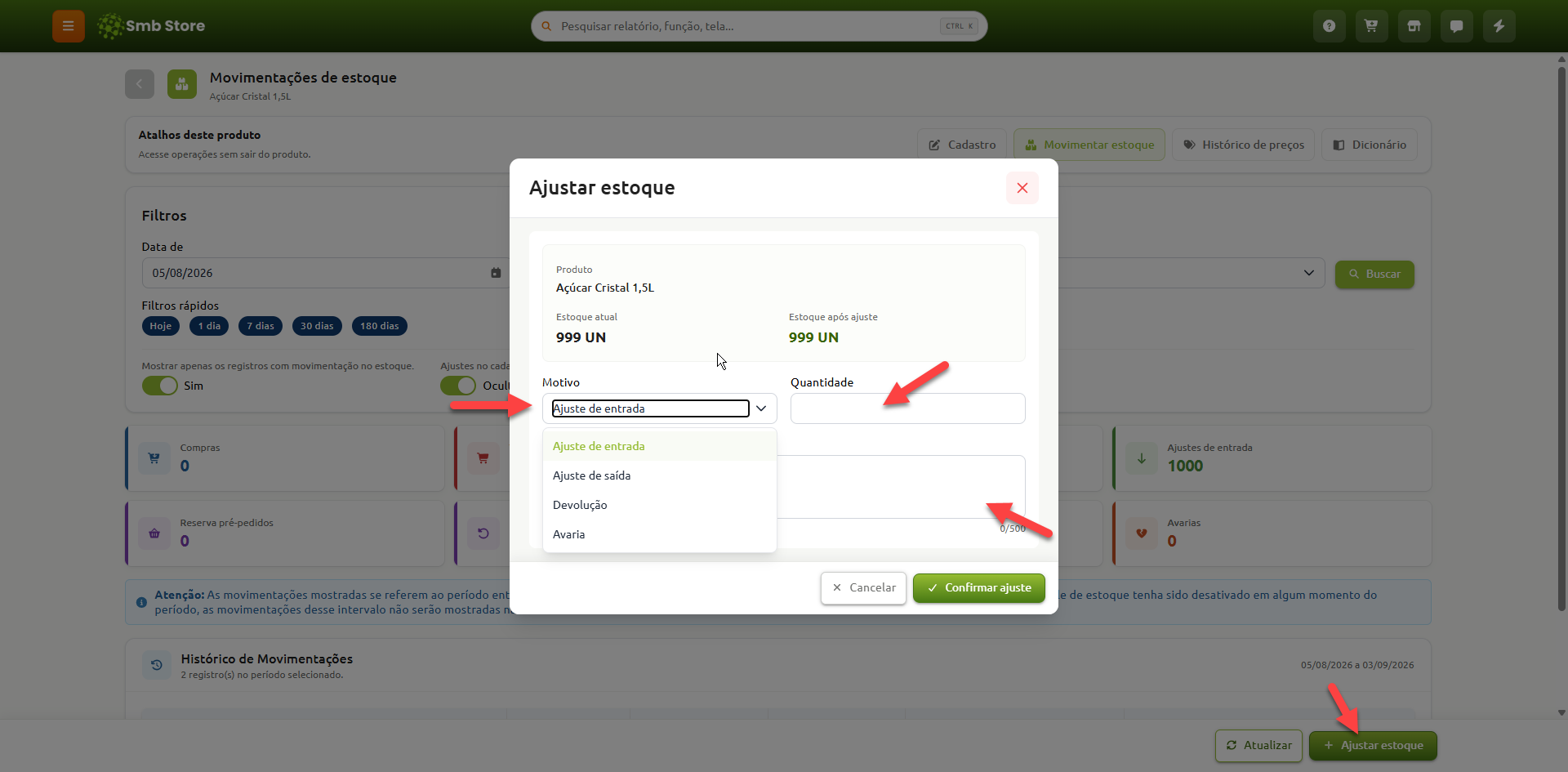 Janela de ajuste de estoque no Smb Store com campos para selecionar o motivo da movimentação, informar a quantidade e adicionar observações sobre o item.