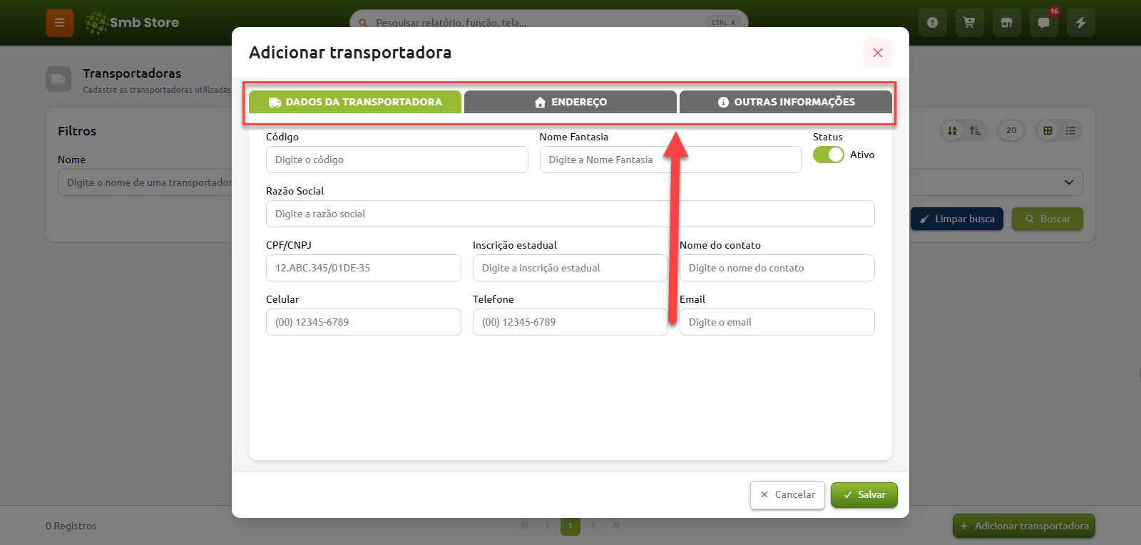 Janela de cadastro de transportadora no sistema Smb Store, com destaque para as abas de navegação "Dados da transportadora", "Endereço" e "Outras informações".