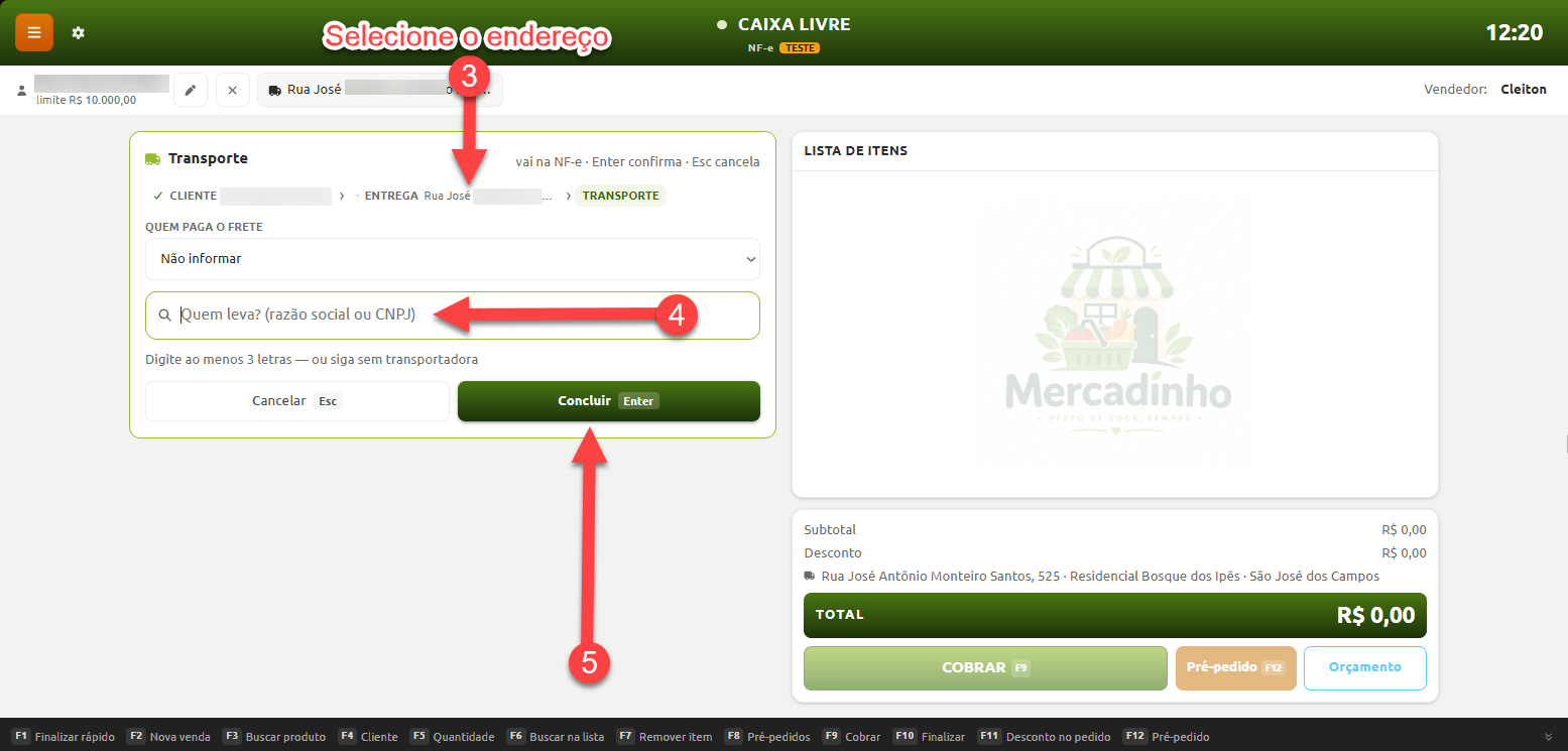 Tela do sistema de vendas com janela aberta para configuração do transporte, destacando a conferência do endereço de entrega, a busca da transportadora por razão social ou CNPJ e o botão para concluir a etapa.