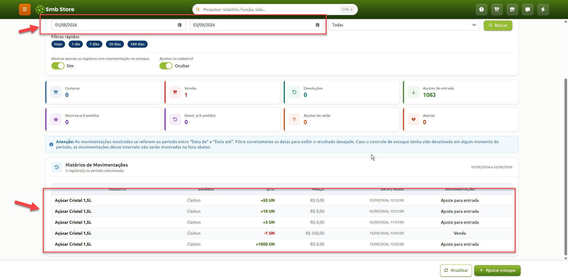Tela de histórico de movimentações de estoque no Smb Store, com filtros por intervalo de datas e tabela detalhando os registros de entradas, vendas, quantidades e horários do produto selecionado.