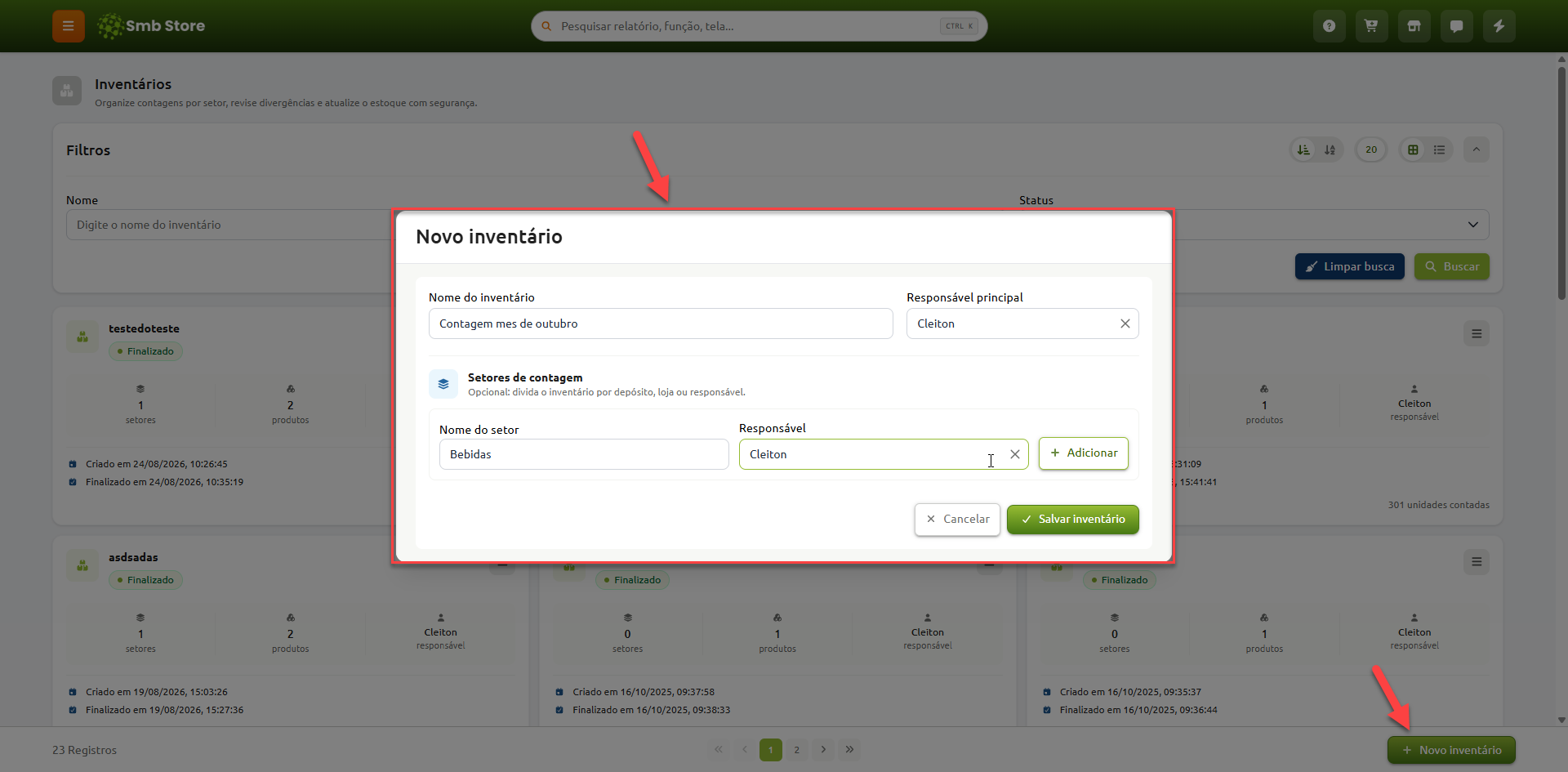 Tela de cadastro de novo inventário no Smb Store, com campos para preenchimento do nome do inventário, responsável principal e adição opcional de setores de contagem com seus respectivos responsáveis.