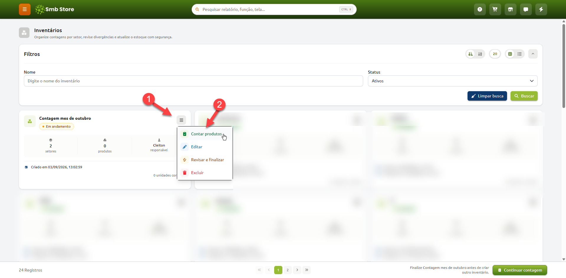 Tela de inventários do Smb Store com um menu de opções aberto no cartão de contagem, destacando a sequência para acessar a opção "Contar produtos".