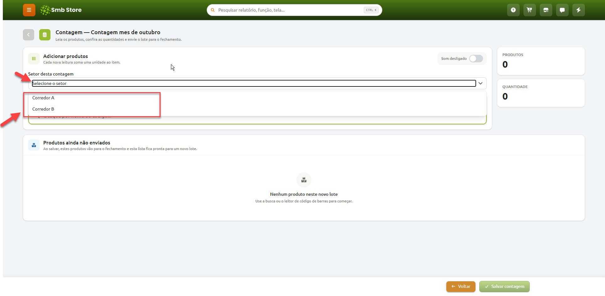 Tela de contagem de inventário no Smb Store, com o campo de seleção do setor aberto destacando as opções Corredor A e Corredor B.