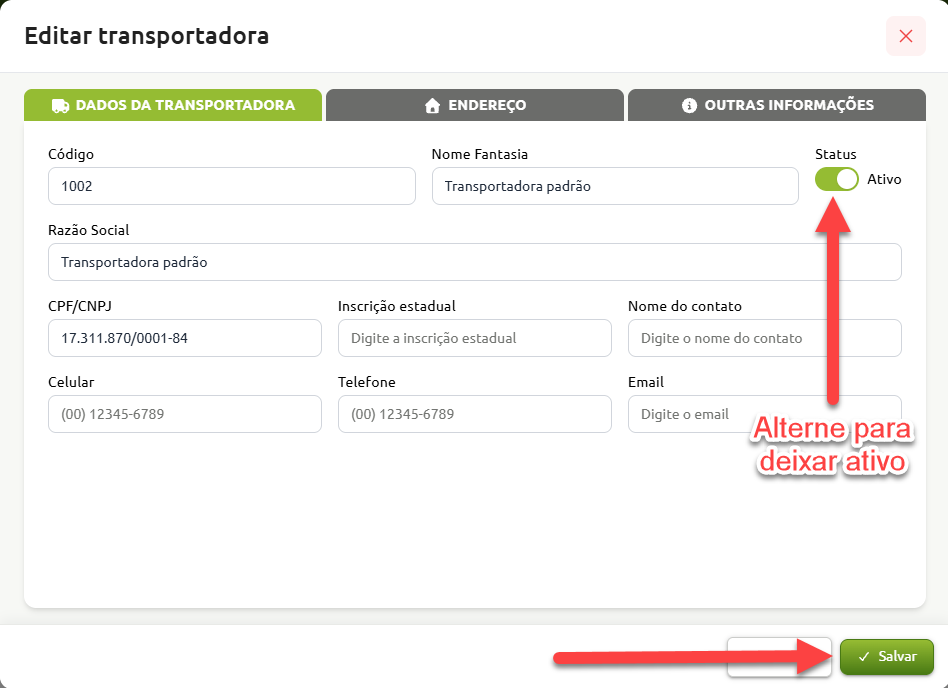 Tela de edição de transportadora com campos de dados cadastrais, destacando a ativação do status e a opção de salvar as alterações.