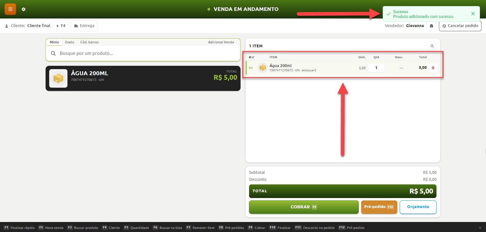 Tela de venda em andamento no ponto de venda, exibindo a confirmação de item adicionado à lista e o valor total atualizado da compra.