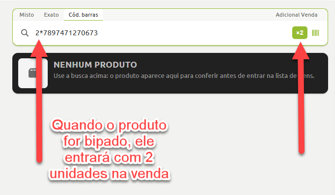 Campo de busca de itens do caixa demonstrando o lançamento de múltiplas unidades de um produto ao informar a quantidade multiplicada pelo código de barras.