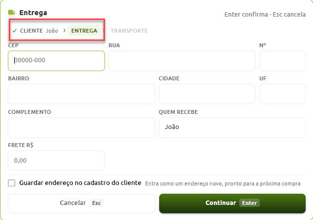 Tela de cadastro de dados de entrega na etapa "Entrega", com formulário para preenchimento de endereço, identificação do recebedor, valor do frete e opção de salvar o endereço no cadastro do cliente.