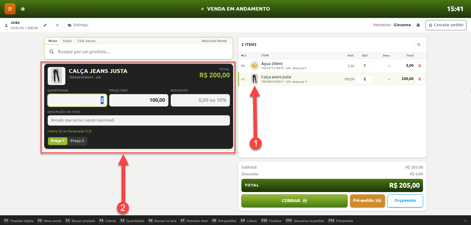 Tela de ponto de venda em andamento, indicando a seleção de um item na lista da compra e o painel de edição aberto para alterar quantidade, valor unitário, desconto e descrição do produto.