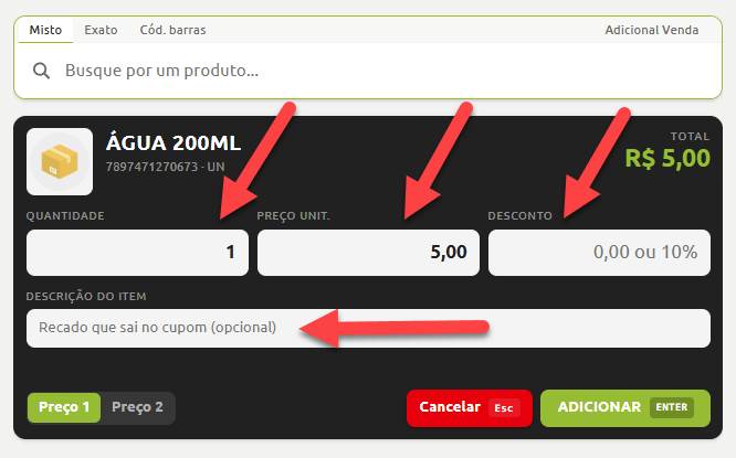 Tela de inserção de produto na venda, com destaque para a edição dos campos de quantidade, preço unitário, desconto e descrição opcional do item para o cupom.