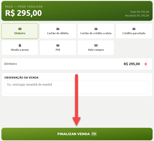 Tela de pagamento do sistema de vendas com valor total pago em dinheiro, campo para observações e indicação para o botão de finalizar a venda.