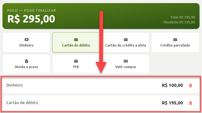 Tela de finalização de pagamento em sistema de vendas exibindo opções de formas de pagamento e o detalhamento dos valores já recebidos, divididos entre dinheiro e cartão de débito, totalizando o valor da compra.