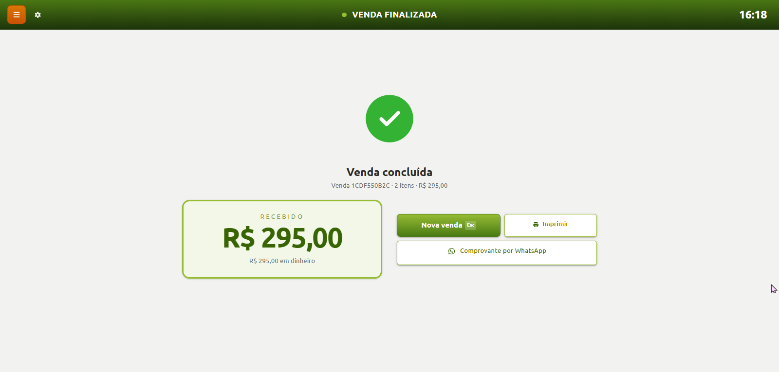 Tela de confirmação de venda concluída, exibindo o valor total recebido de R$ 295,00 em dinheiro e opções para iniciar nova venda, imprimir comprovante ou enviar por WhatsApp.