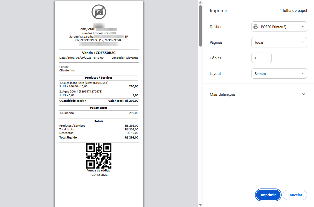 Tela de visualização de impressão de comprovante de venda não fiscal, exibindo os dados do estabelecimento, itens comprados, valores, QR Code e o painel lateral com as configurações da impressora térmica.