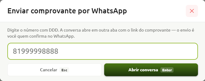 Janela para envio de comprovante por WhatsApp, com campo preenchido com o número de telefone com DDD e botões para cancelar ou abrir a conversa.