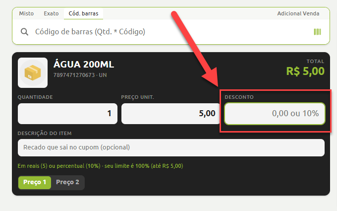 Tela de lançamento de item no sistema de vendas destacando o campo de desconto, que permite inserir o valor em reais ou a porcentagem aplicável ao produto.