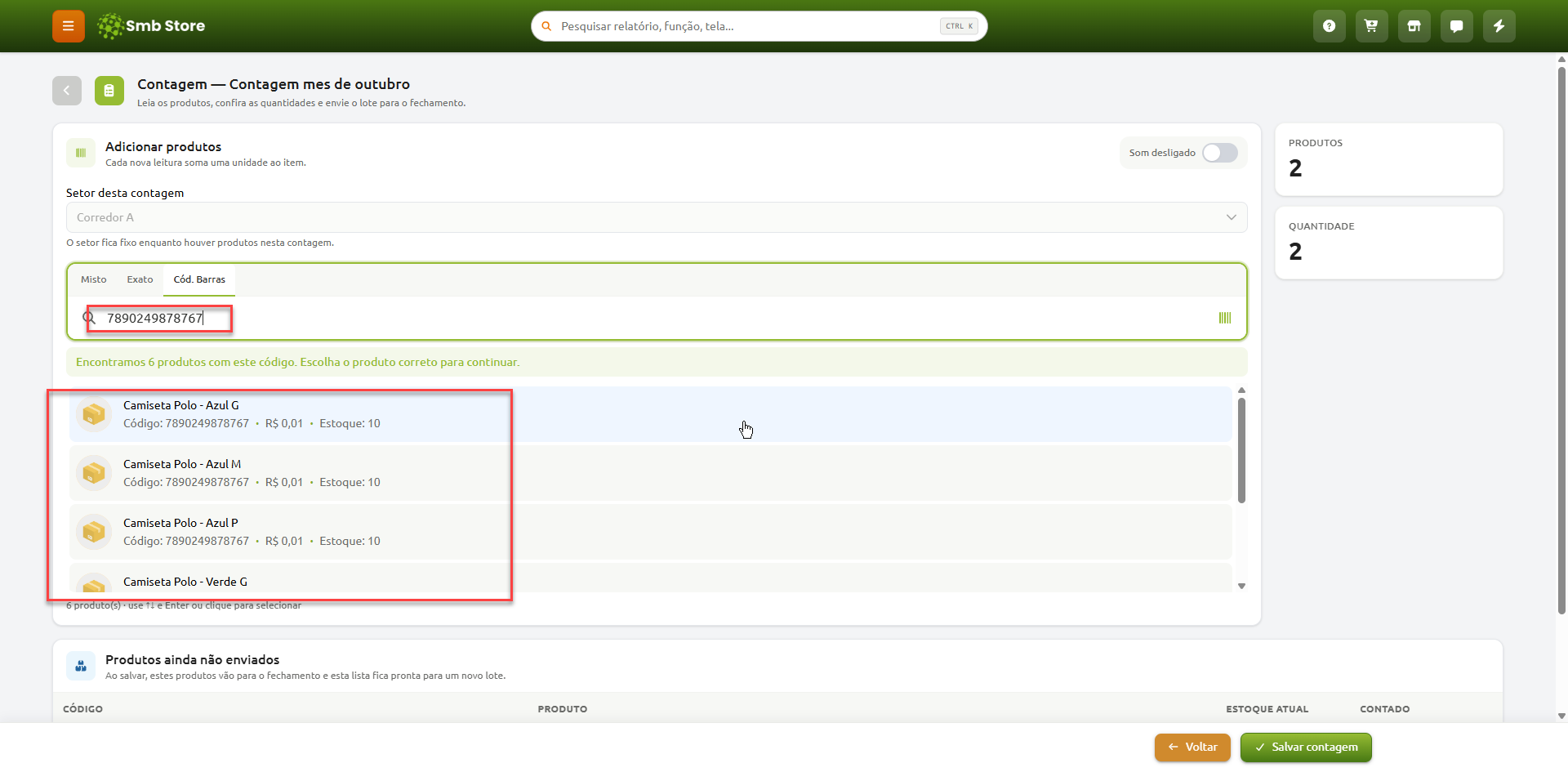 Tela de contagem de estoque no sistema Smb Store, exibindo a busca por código de barras com a lista de produtos correspondentes disponíveis para seleção.