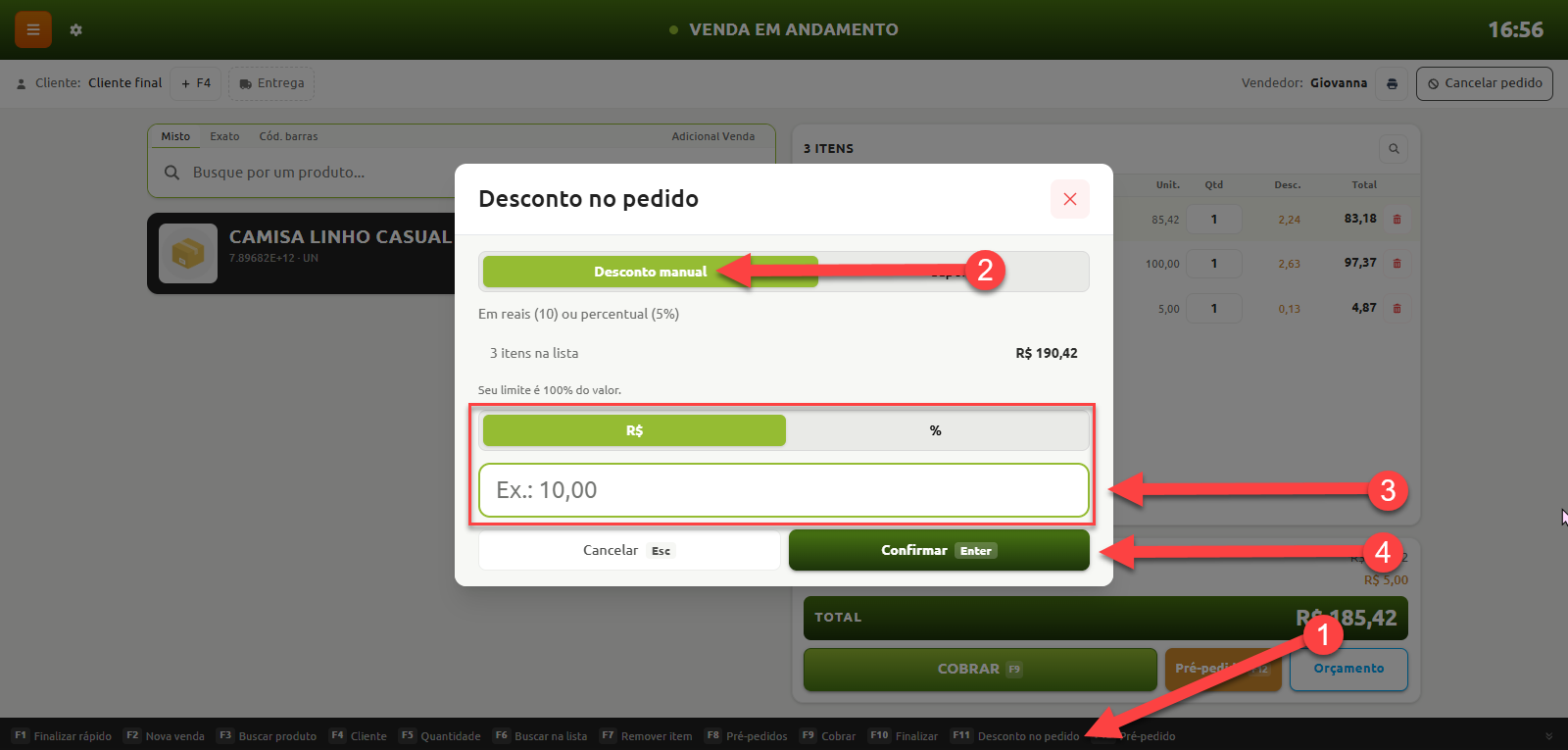 Tela de venda em andamento com a janela de aplicação de desconto no pedido aberta, exibindo o passo a passo numerado: acionamento do atalho de desconto no pedido, seleção do desconto manual, inserção do valor em reais ou porcentagem e confirmação da operação.