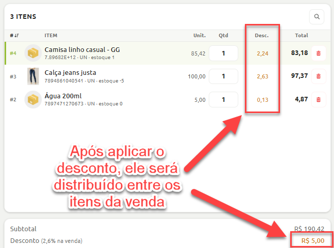 Tela de checkout de vendas destacando a distribuição proporcional de um desconto geral de R$ 5,00 entre os itens da lista.