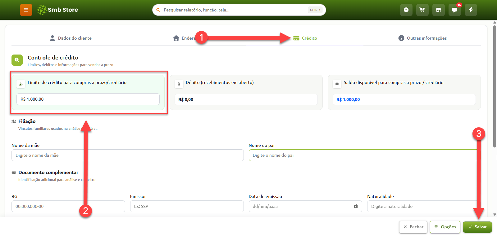 Tela do sistema Smb Store com instruções numeradas para definir o limite de crédito do cliente: passo 1 na aba Crédito, passo 2 no preenchimento do campo Limite de crédito para compras a prazo/crediário e passo 3 no botão Salvar.