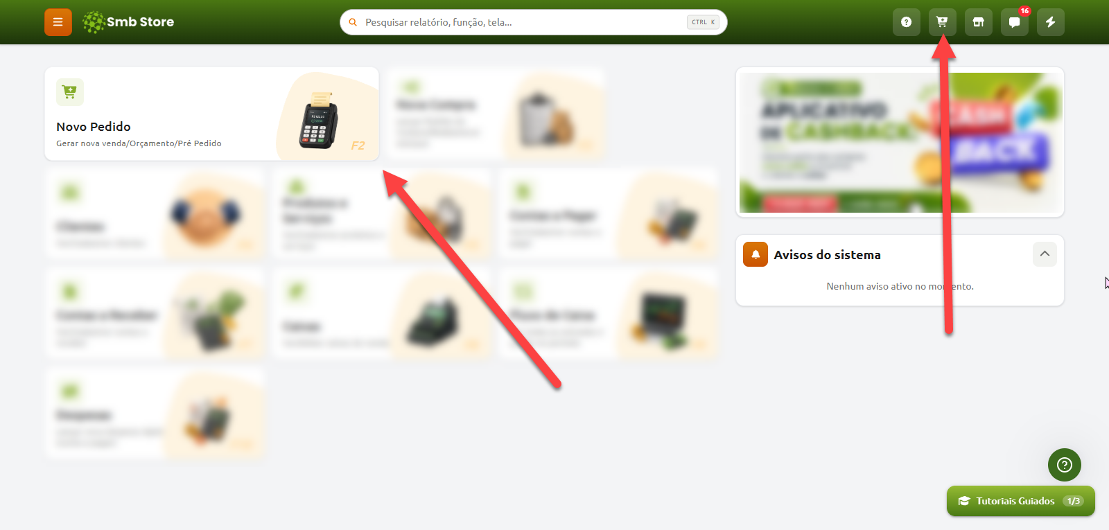 Tela inicial do sistema Smb Store com destaque para o acesso à função de "Novo Pedido", disponível no painel principal ou pelo ícone de carrinho de compras na barra superior.