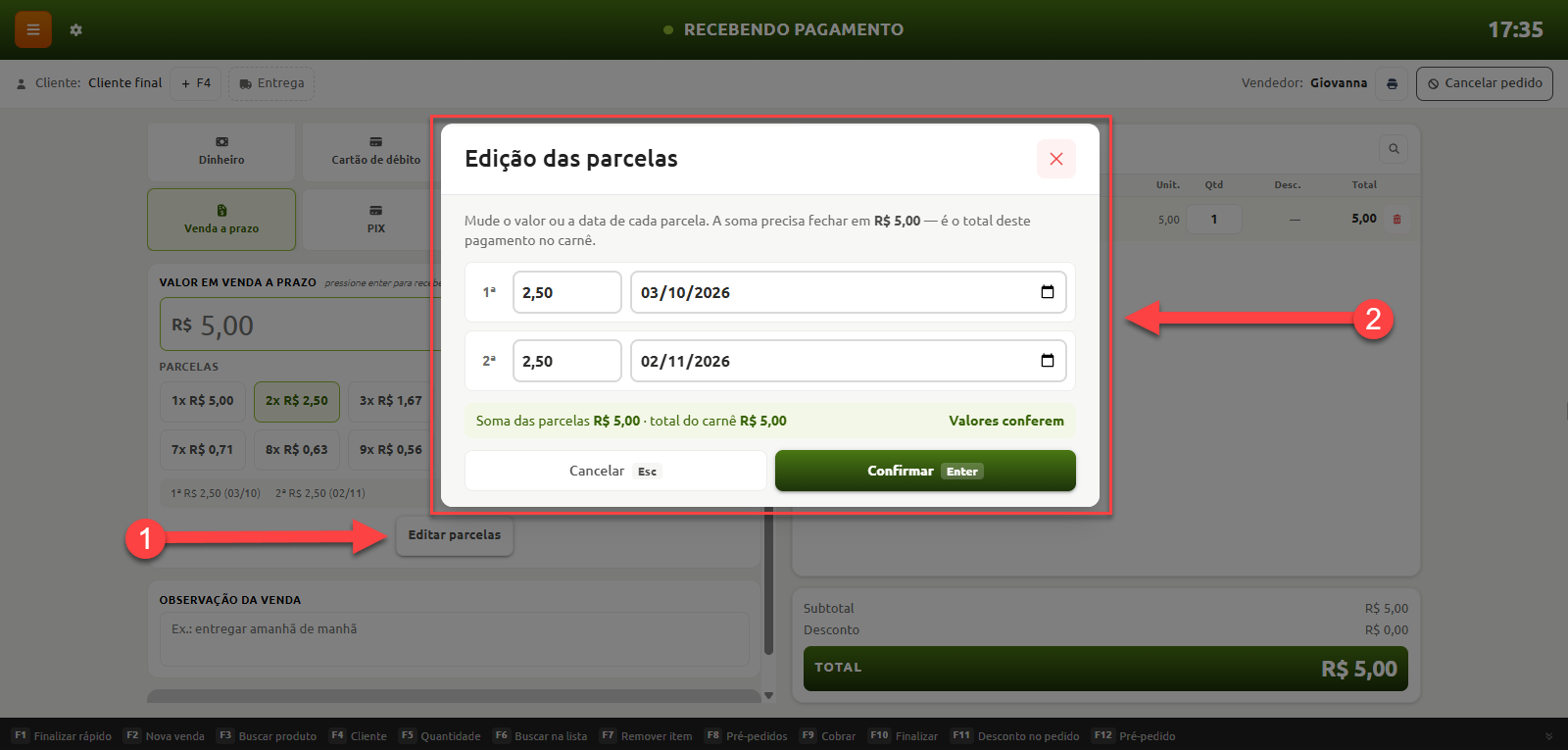 Tela de recebimento de pagamento de venda a prazo exibindo a janela de edição das parcelas, com campos para alteração de valores e datas de vencimento de cada prestação.