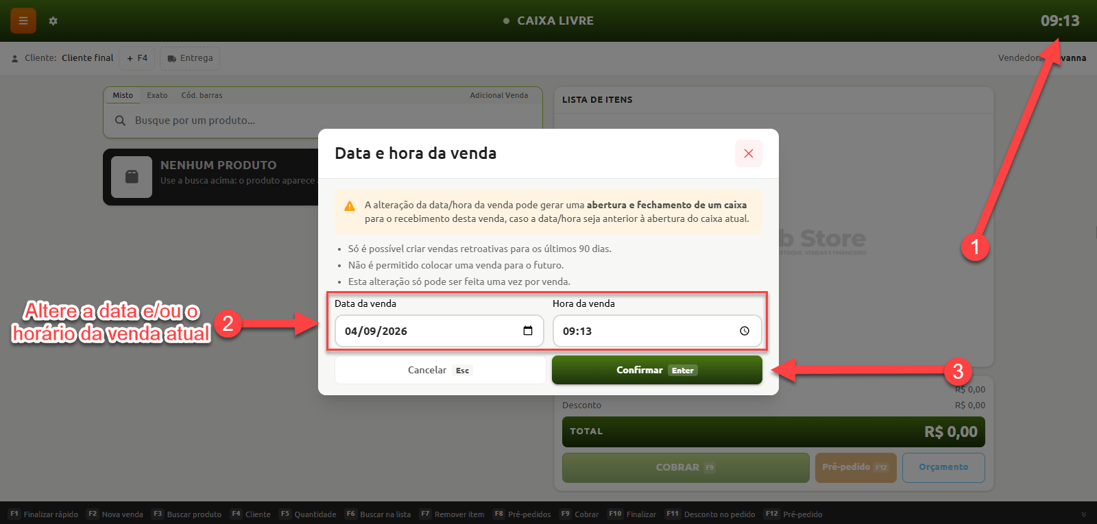 Tela do sistema de ponto de venda com a janela aberta para alteração da data e da hora da venda atual, exibindo regras sobre vendas retroativas, campos para preencher nova data e horário, e o botão para confirmar.