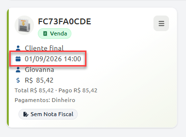 Cartão de detalhes de uma venda com código identificador, cliente, vendedor, valor total e forma de pagamento, destacando a data e o horário da transação.