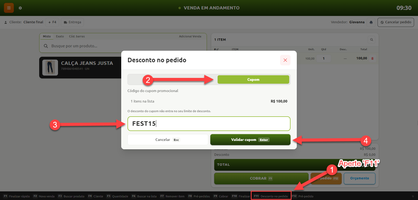 Tela de venda do ponto de venda demonstrando o passo a passo para aplicar um cupom promocional no pedido: acionar o atalho F11, selecionar a opção de cupom, inserir o código e clicar em validar cupom.