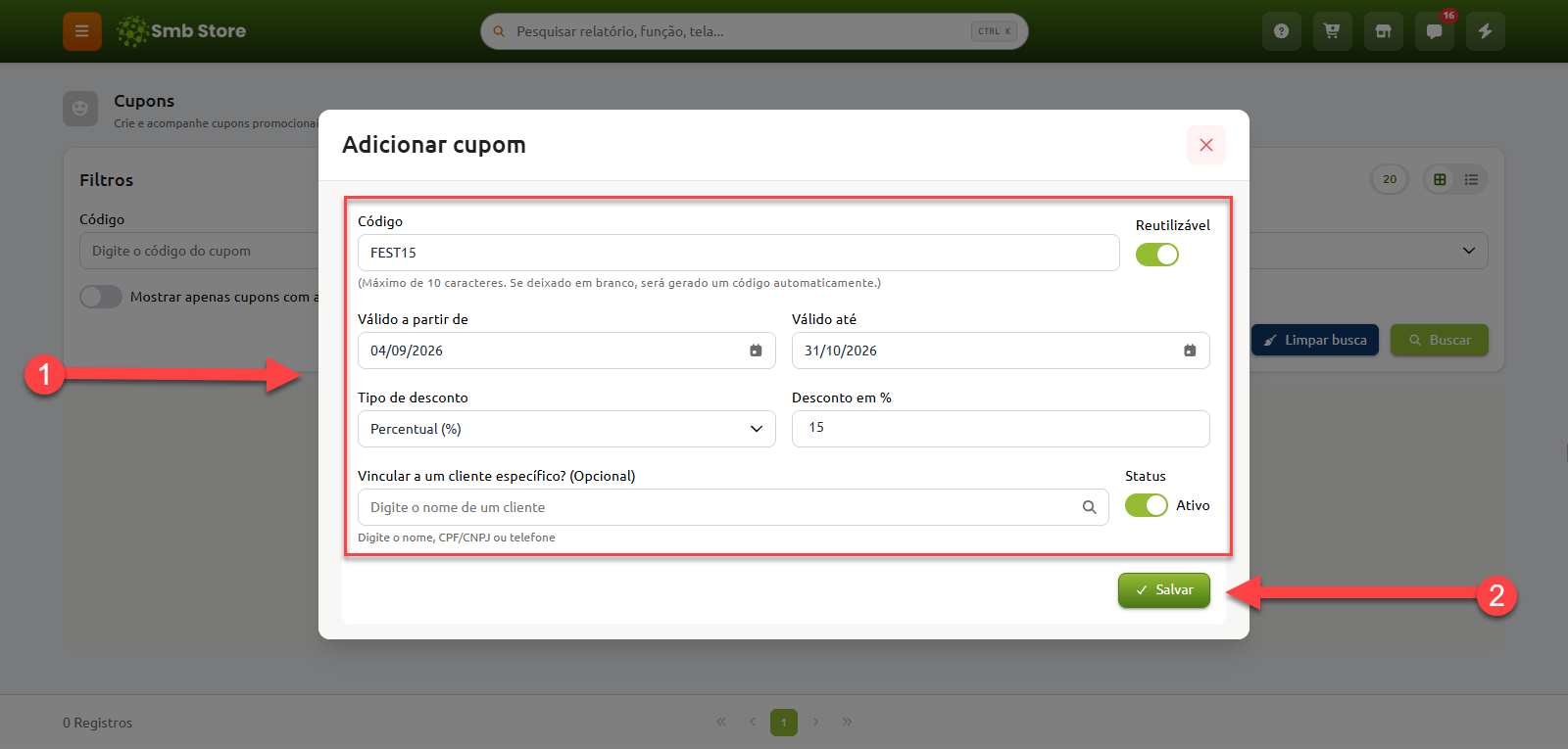 Janela de cadastro de cupom no sistema Smb Store, destacando os campos para preenchimento de código, período de validade, tipo e valor do desconto, além do botão para salvar o registro.