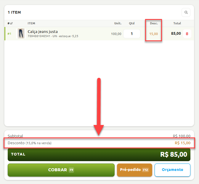 Tela do ponto de venda exibindo o lançamento de um item com desconto aplicado e o respectivo valor abatido no resumo total da compra.