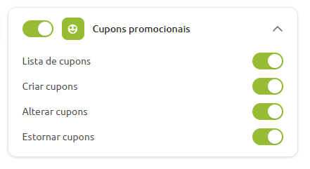Painel de configurações da funcionalidade de cupons promocionais, com opções ativadas para listar, criar, alterar e estornar cupons.
