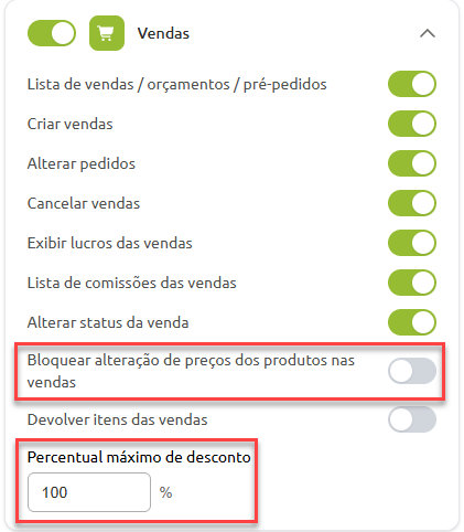 Painel de configurações de vendas com destaque para a opção desativada de bloquear a alteração de preços dos produtos e o campo de percentual máximo de desconto preenchido com 100%.