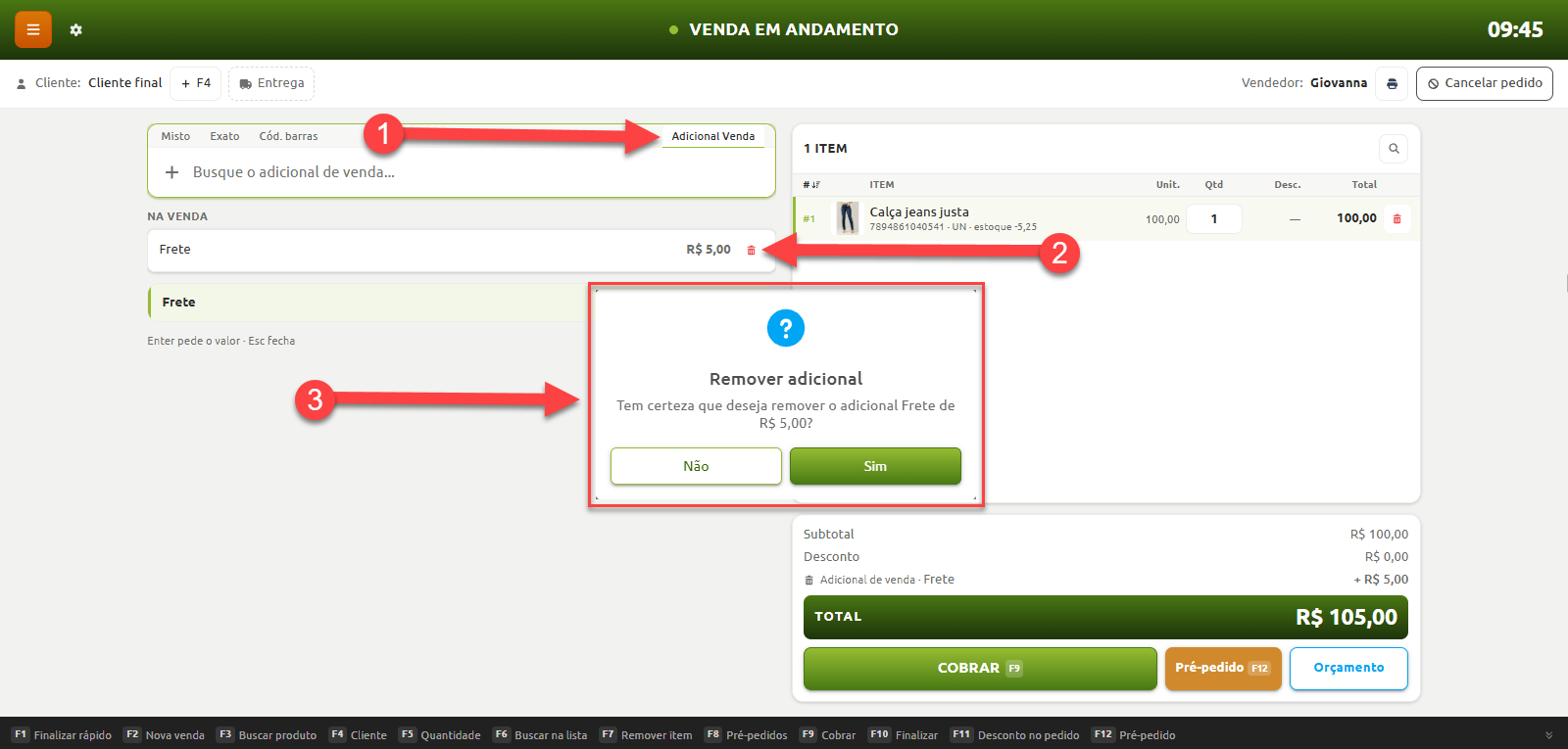 Tela de venda em andamento com passo a passo numerado para remover um adicional de venda: o passo 1 indica a aba Adicional Venda, o passo 2 aponta para o ícone de lixeira ao lado do adicional Frete de R$ 5,00, e o passo 3 destaca a janela de confirmação para remover o adicional.