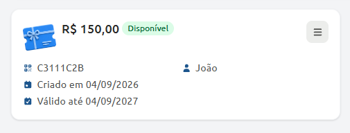 Cartão de vale-compras disponível no valor de R$ 150,00, associado a João, com código C3111C2B, data de criação em 04/09/2026 e validade até 04/09/2027.