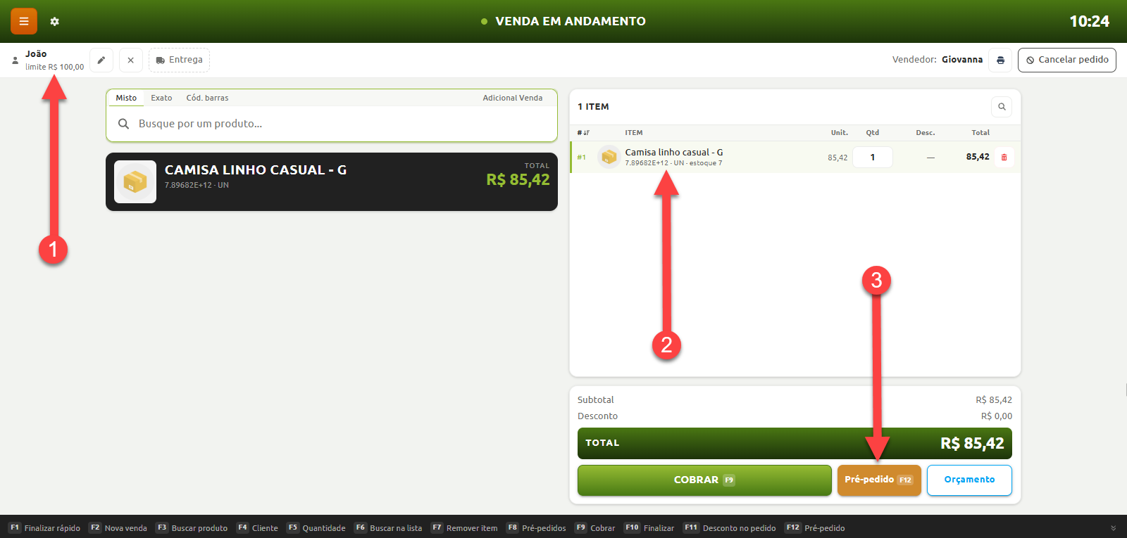 Tela de ponto de venda em andamento com um passo a passo numerado, indicando o cliente selecionado no passo 1, o item adicionado ao pedido no passo 2 e o botão "Pré-pedido" no passo 3.