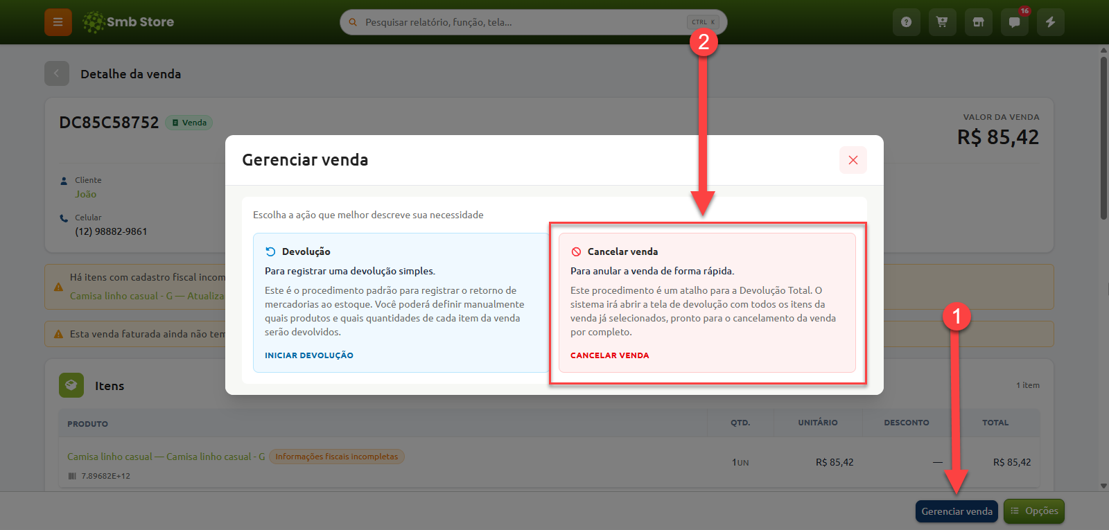 Tela de detalhe da venda no Smb Store, com a janela de gerenciamento aberta após o clique em "Gerenciar venda", destacando a opção de "Cancelar venda" ao lado da opção de "Devolução".