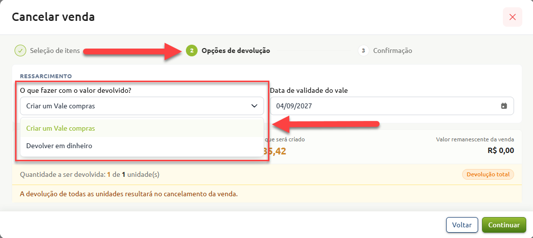 Tela de cancelamento de venda na etapa de opções de devolução, destacando a seleção da forma de ressarcimento com as opções de criar um vale compras ou devolver em dinheiro.
