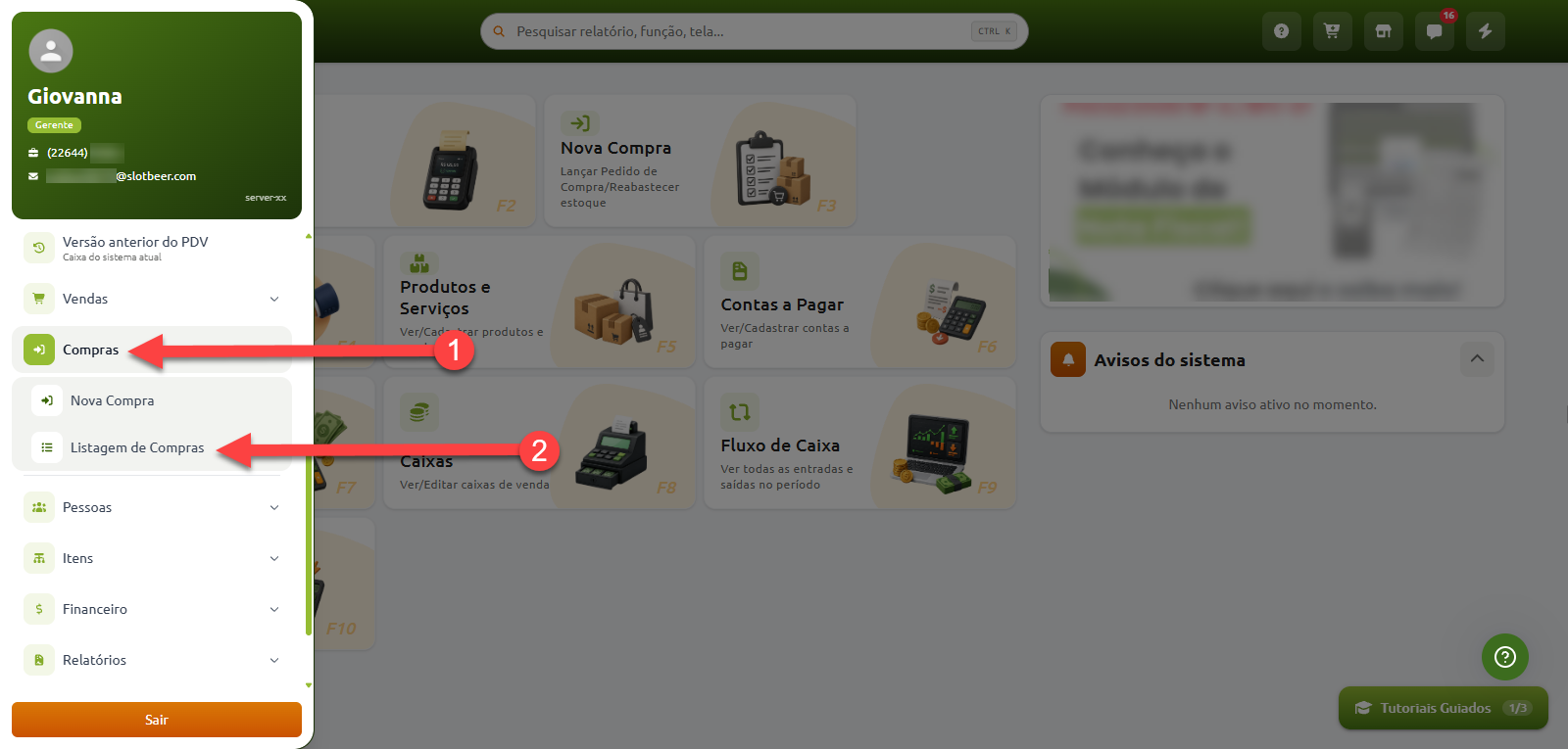 Tela inicial do sistema com o menu lateral expandido, destacando o passo a passo para acessar a opção "Listagem de Compras" dentro da seção "Compras".