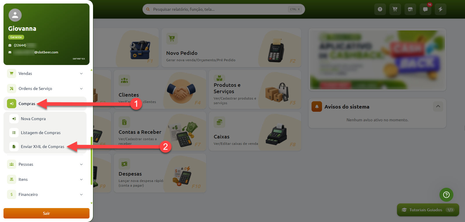 Navegação no menu lateral do sistema, indicando o passo 1 na categoria Compras e o passo 2 na opção Enviar XML de Compras.