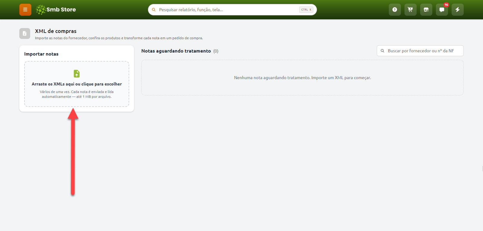 Tela de importação de XML de compras do Smb Store, destacando a área para arrastar ou selecionar os arquivos de notas fiscais do fornecedor.